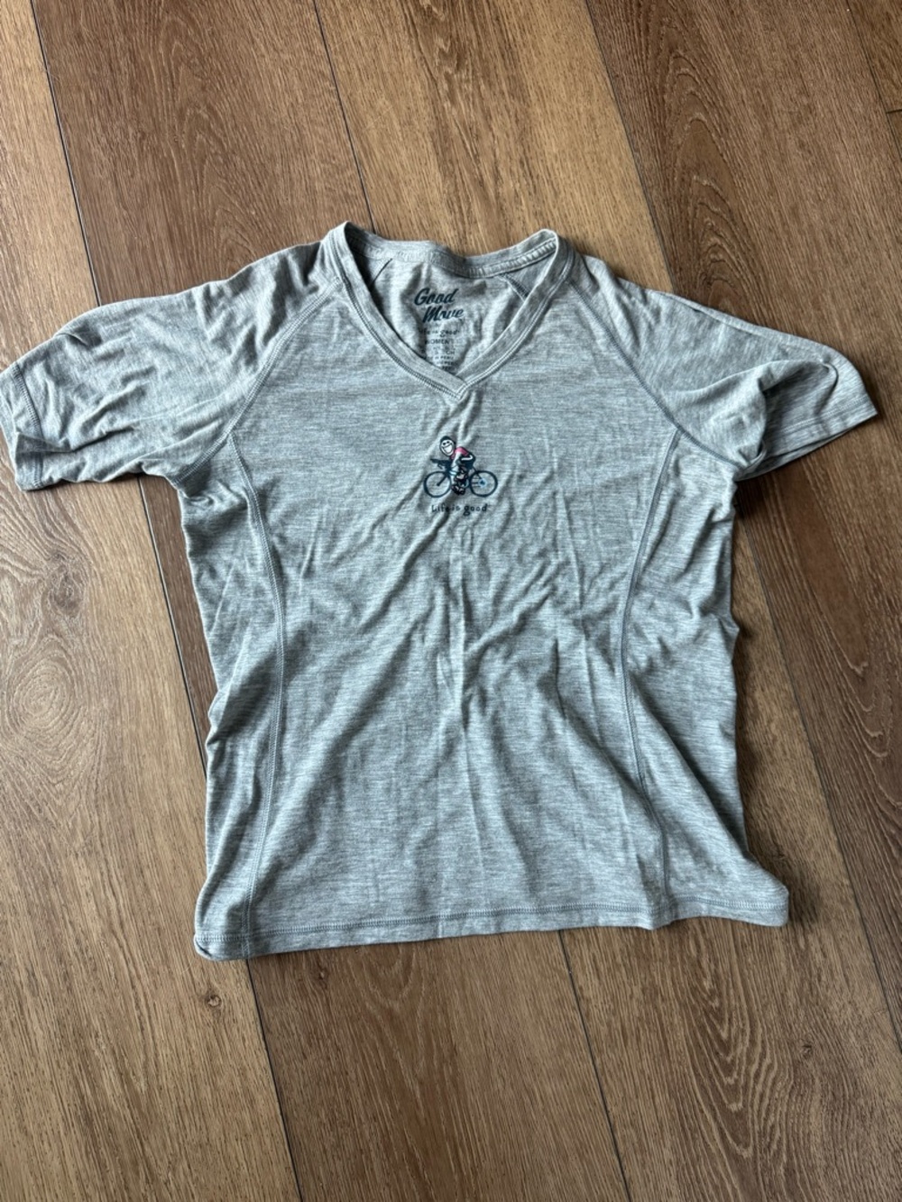 Life is Good Gray Light Gray V-Neck Tee with Bicycle Design